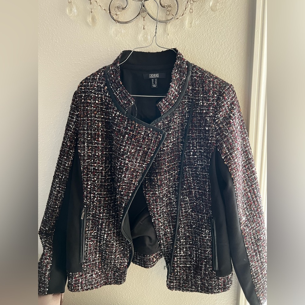 Dennis Basso Tweed Motorcycle Jacket W/ Side Panels Zip Pocket Wine Size 12